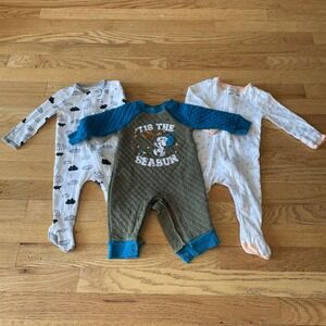 Baby Sleeper Romper Lot Snoopy Quilted Football Cloud Print Zip Snap 3 Piece Set